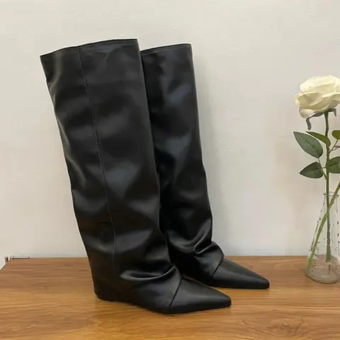 Vintage Pointed Toe Slouch Women Knee High Boots Slip On Internal Elevation Shoes Design Female Pants Tube Botas Mujer