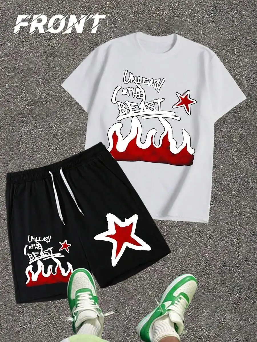 Mens 2-Piece Polyester T-Shirt And Shorts Set With Flame Graffiti Star Print Casual Summer Sportswear
Mens 2-Piece Polyester T-Shirt And Shorts Set With Flame Graffiti Star Print Casual Summer Sportswear