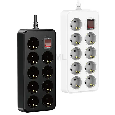 Múltiples salidas 9AC Placa de toma de corriente UE enchufe Schuko cable de extensión de 2M regleta europea con adaptador de filtro de red de interruptor