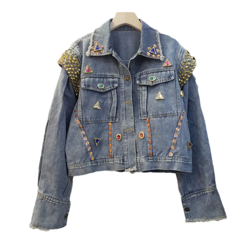 Heavy Work Rivet Beaded Diamond Denim Jacket Blue Short Cowboy Coat Spring Women Casual Loose Lapel Long Sleeve Jeans Jacket
Heavy Work Rivet Beaded Diamond Denim Jacket Blue Short Cowboy Coat Spring Women Casual Loose Lapel Long Sleeve Jeans Jacket