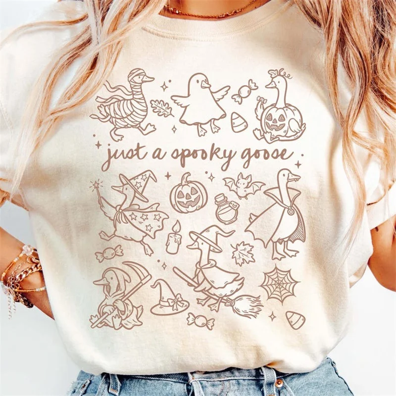 Женская одежда с рисунком гуся на Хэллоуин, женская одежда с героями мультфильмов, топ, женская обычная базовая осенняя белая футболка с круглым вырезом и короткими рукавами 
Женская одежда с рисунком гуся на Хэллоуин, женская одежда с героями мультфильмов, топ, женская обычная базовая осенняя белая футболка с круглым вырезом и короткими рукавами