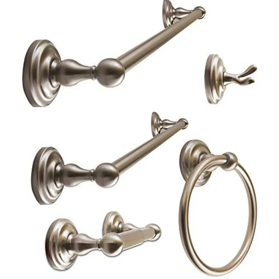 Bathroom accessories set for wall mounting, nickel-plated metal, satin nickel finish, includes robe hook, toilet paper holder,
Bathroom accessories set for wall mounting, nickel-plated metal, satin nickel finish, includes robe hook, toilet paper holder,