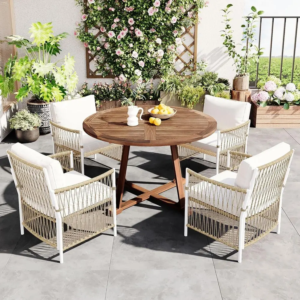 Outdoor Dining Set with 12 Table and 4 Rattan Chairs for Patio, Balcony, Garden, Poolside
Outdoor Dining Set with 12 Table and 4 Rattan Chairs for Patio, Balcony, Garden, Poolside