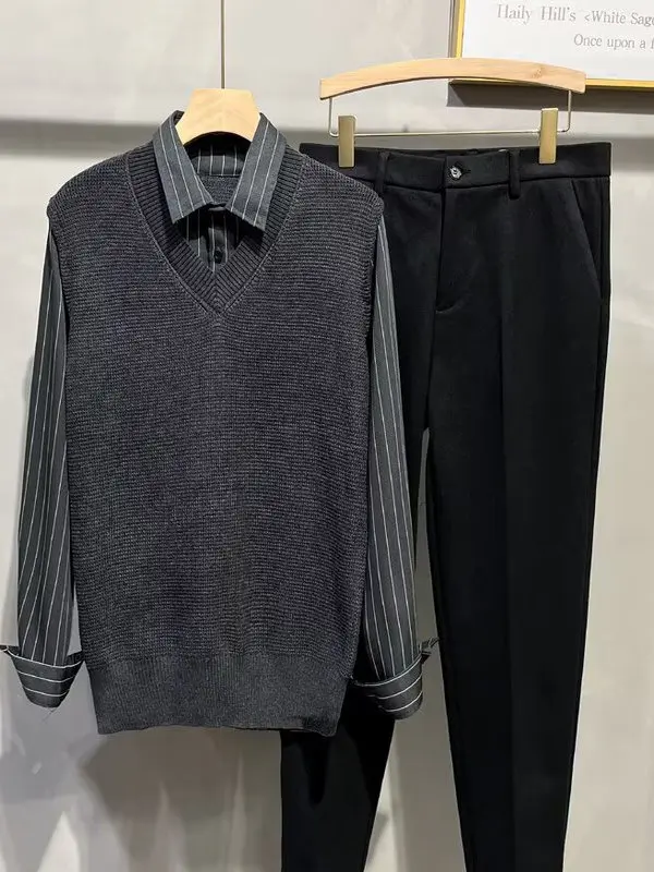 Casual Stripe Knitted Long Sve irt Collar Fake Two Piece Vest Patchwork Autumn Spring Slim Fit Korean Sle Base Layer
Casual Stripe Knitted Long Sve irt Collar Fake Two Piece Vest Patchwork Autumn Spring Slim Fit Korean Sle Base Layer