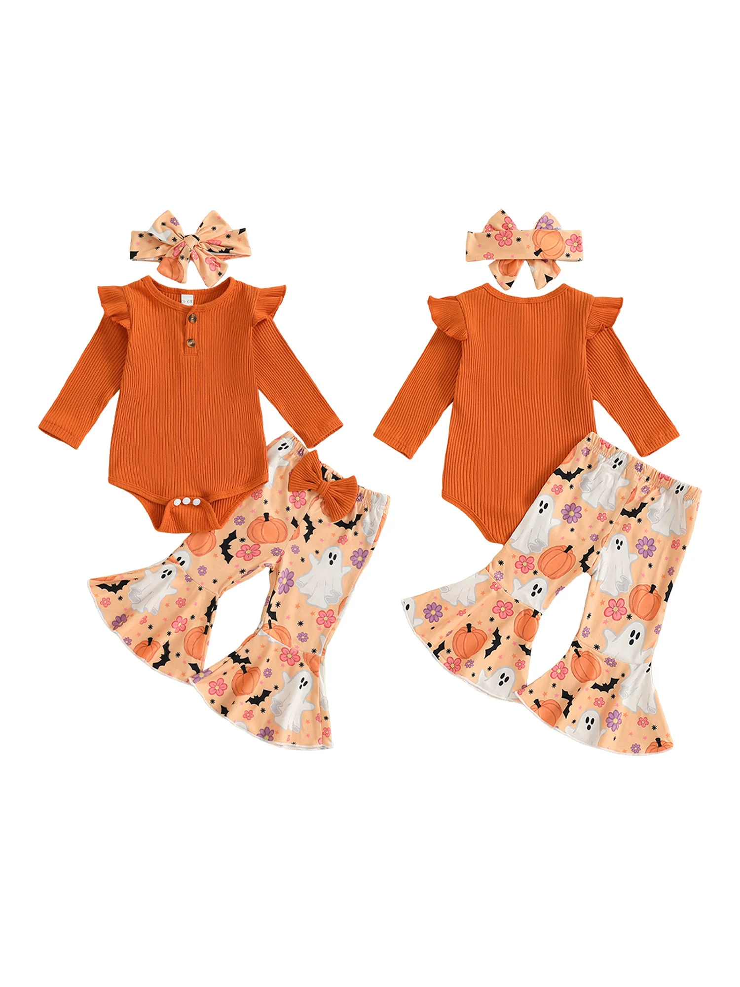 Toddler Girls Autumn Set Adorable Long Sleeve Romper with Pumpkin Print Bell Bottoms and Matching Headband for Halloween
Toddler Girls Autumn Set Adorable Long Sleeve Romper with Pumpkin Print Bell Bottoms and Matching Headband for Halloween