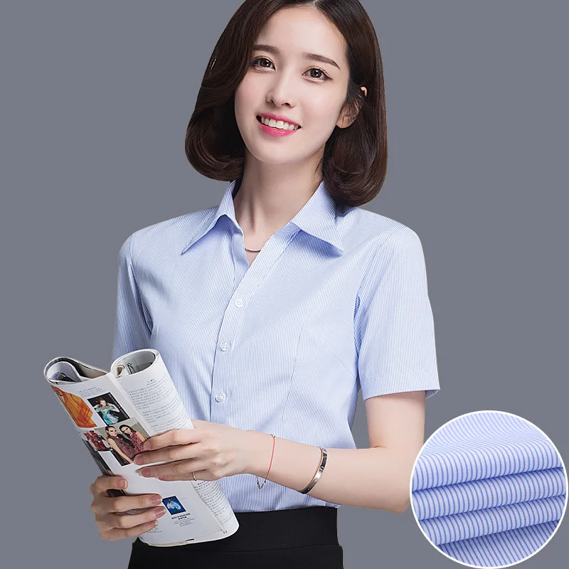 Slim Fit Women's Business Shirt Summer Short Sleeve V-Neck Blue Stripe White Base Professional Clothing Iron-Free Workwear
Slim Fit Women's Business Shirt Summer Short Sleeve V-Neck Blue Stripe White Base Professional Clothing Iron-Free Workwear