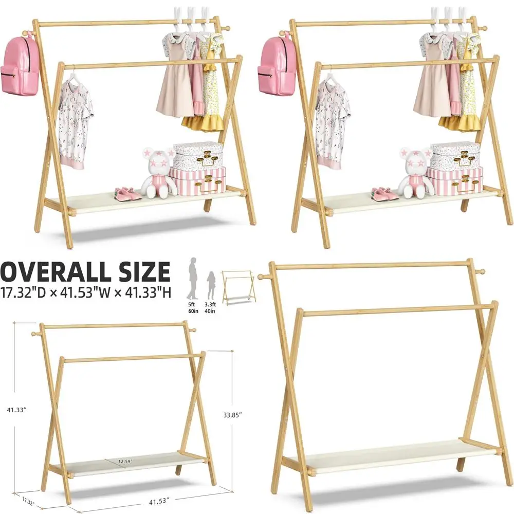 Large Natural Bamboo Kids' Clothing Rack with Storage Shelves and Double Hanging Bars for Nursery or Child's Room
Large Natural Bamboo Kids' Clothing Rack with Storage Shelves and Double Hanging Bars for Nursery or Child's Room