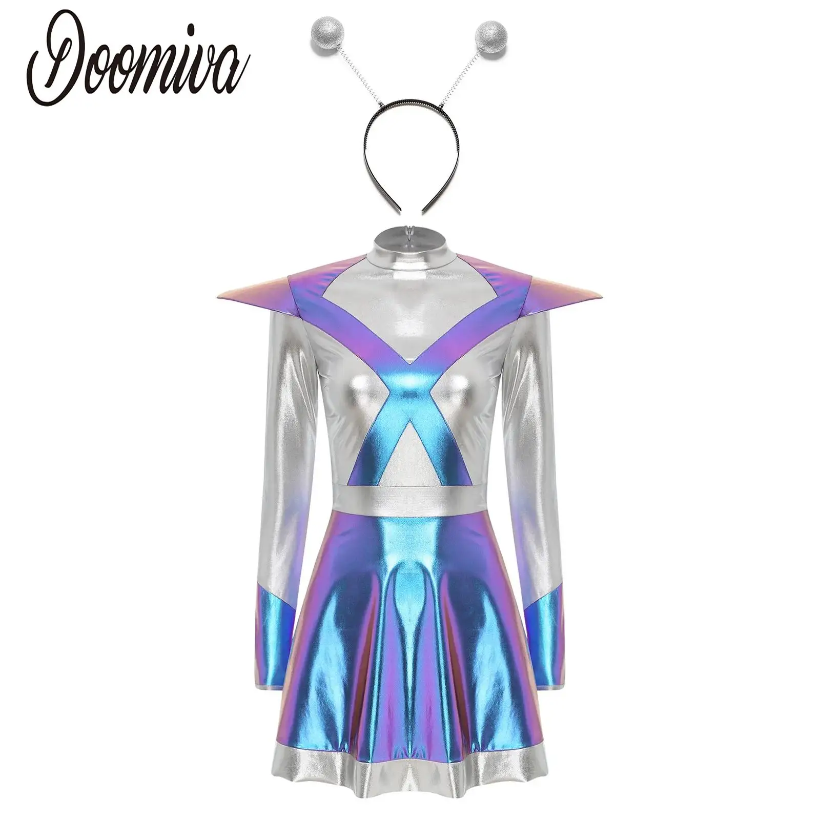 Women Shiny Robot Astronaut Cosplay Dress Space Cadet RolePlay Suit Long Sleeve Leotard Tutu Dress Set for Halloween Theme Party
Women Shiny Robot Astronaut Cosplay Dress Space Cadet RolePlay Suit Long Sleeve Leotard Tutu Dress Set for Halloween Theme Party