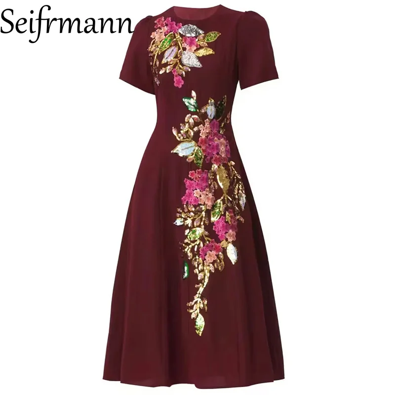Seifrmann 2026 Spring Women's New Fashion Round Neck Short Sleeve Embroidered Bead Flower Waist cinching Dress
Seifrmann 2026 Spring Women's New Fashion Round Neck Short Sleeve Embroidered Bead Flower Waist cinching Dress 