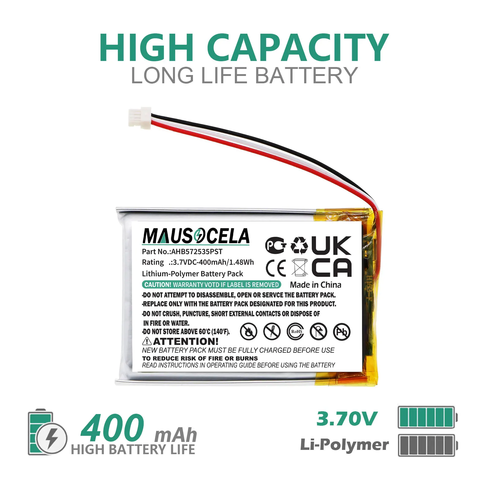Wireless Headset Battery For Jabra:Evolve 75,AHB572535PST,--400mAh / 1.48Wh--Li-Polymer--3.70V
Wireless Headset Battery For Jabra:Evolve 75,AHB572535PST,--400mAh / 1.48Wh--Li-Polymer--3.70V