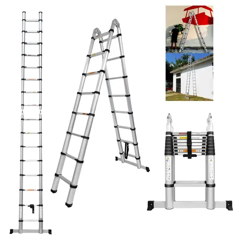 Escalera telescópica de aluminio de 3,8 M/5M, escalera plegable resistente multiusos con marco en A, antideslizante, capacidad de carga de 150kg