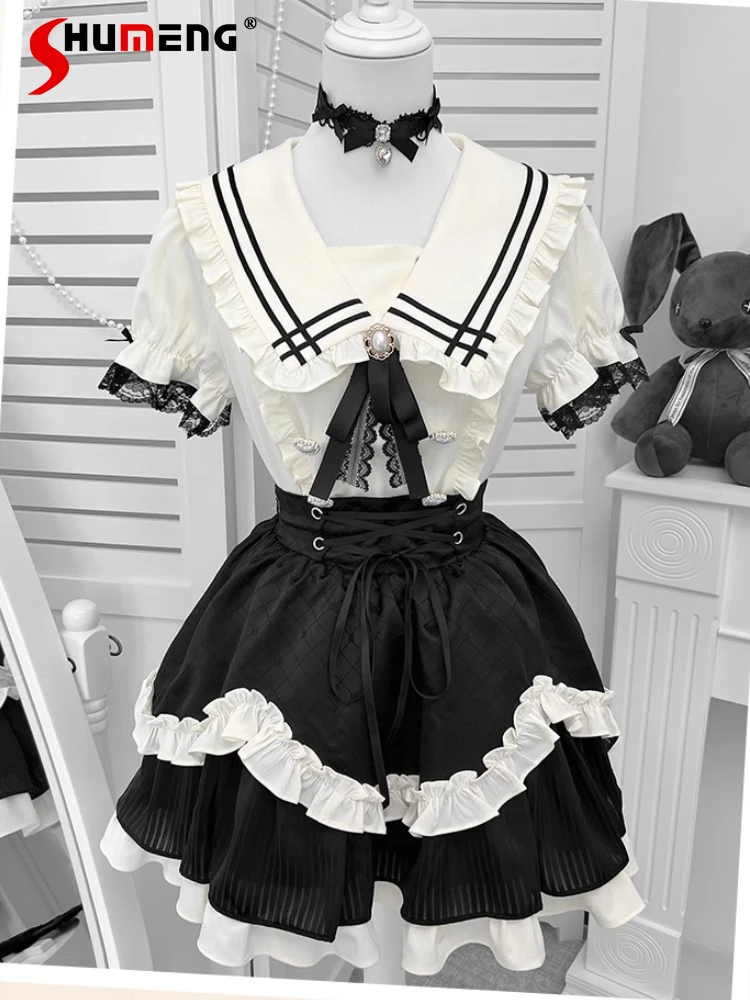 Japanese Style Mass-Produced Subculture Navy Collar Puff Sleeve Heart Button Shirts High Waist Lace-up Skirt Two-Piece Set Women
Japanese Style Mass-Produced Subculture Navy Collar Puff Sleeve Heart Button Shirts High Waist Lace-up Skirt Two-Piece Set Women