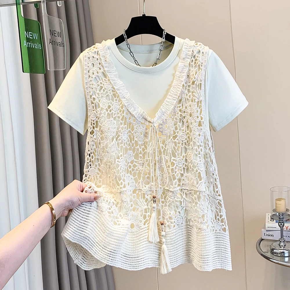Summer 2026 New Lace Hook Flower Vest Top Women's plus Size Cover Belly Short Sleeve T-Shirt Two-Piece Set Commute Style
Summer 2026 New Lace Hook Flower Vest Top Women's plus Size Cover Belly Short Sleeve T-Shirt Two-Piece Set Commute Style