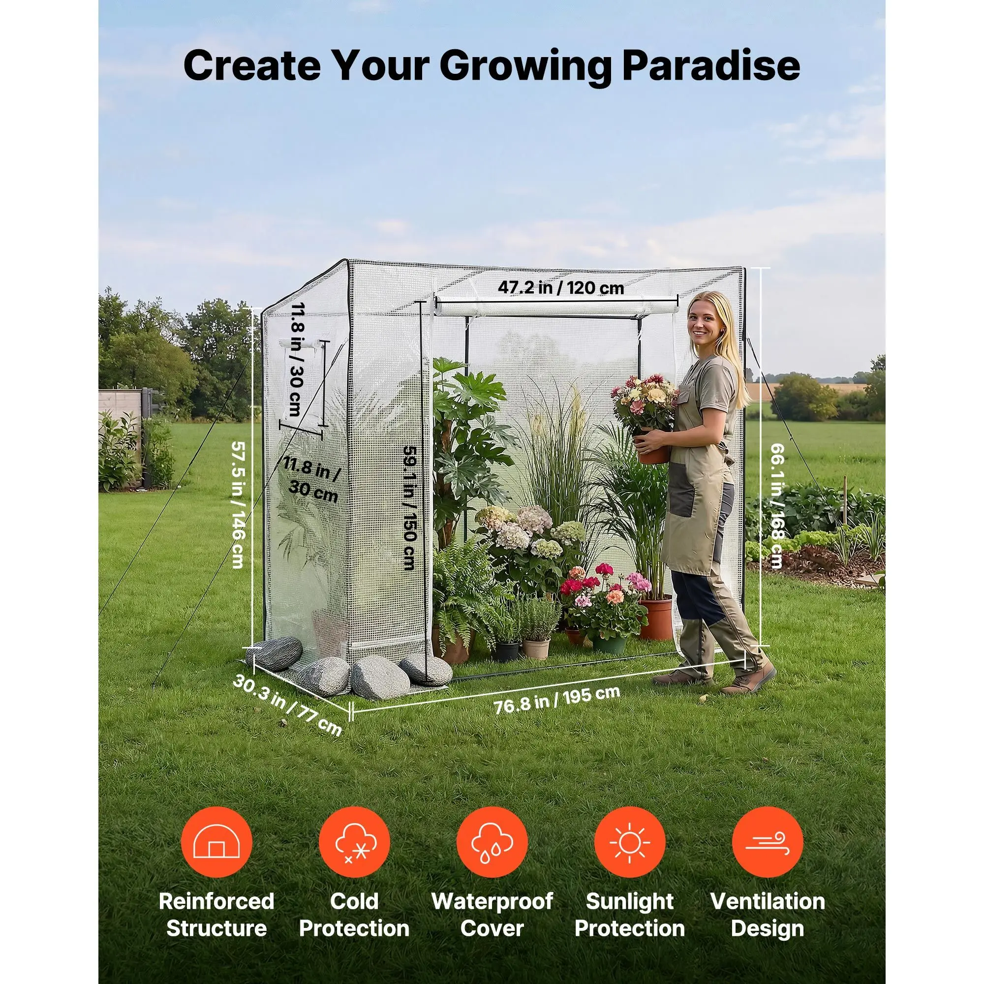 Walk-in Greenhouse, 76.8" x 30.3" x 66.1" Greenhouse for Outdoors with Windows, PE Cover, Roll-Up Zipper Door, Walk in Green House Kit, Portable Plant Garden Hot House for Backyard, Outside
Walk-in Greenhouse, 76.8" x 30.3" x 66.1" Greenhouse for Outdoors with Windows, PE Cover, Roll-Up Zipper Door, Walk in Green House Kit, Portable Plant Garden Hot House for Backyard, Outside