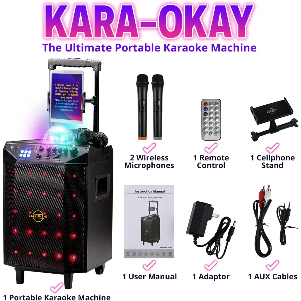 Portable Karaoke Machine for Adults & Kids Complete Karaoke System Includes Bluetooth Speakers on Wheels,2 Bluetooth Microphones
Portable Karaoke Machine for Adults & Kids Complete Karaoke System Includes Bluetooth Speakers on Wheels,2 Bluetooth Microphones