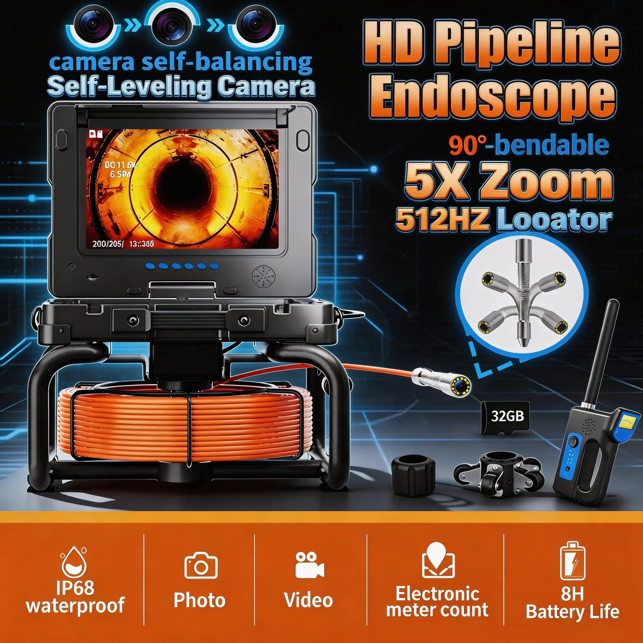 9'' Waterproof Sewer Pipe Inspection Camera with 512HZ Self-Leveling Locator, Meter Counter & DVR Video Endoscope
9'' Waterproof Sewer Pipe Inspection Camera with 512HZ Self-Leveling Locator, Meter Counter & DVR Video Endoscope