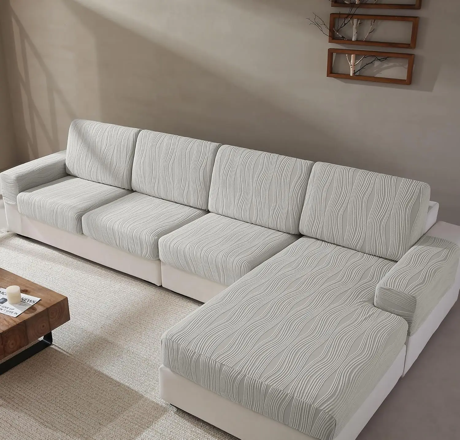 Super Stretch Washable Sofa Slipcovers, Pet-Friendly Furniture Protector with Stripe Design, 3 Seat Covers + Chaise, Light Gray
Super Stretch Washable Sofa Slipcovers, Pet-Friendly Furniture Protector with Stripe Design, 3 Seat Covers + Chaise, Light Gray