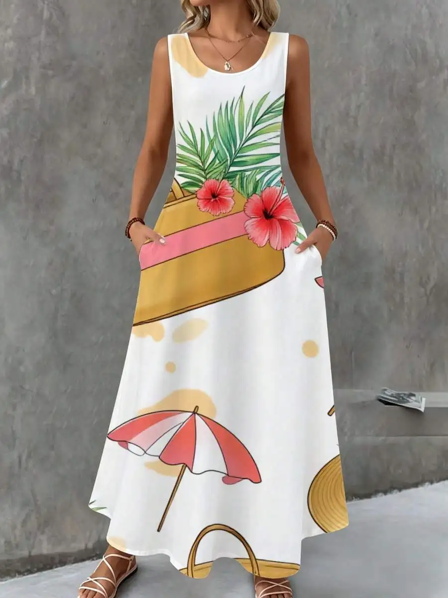 White Sleeveless Maxi Dress With Tropical Hibiscus, Palm Fronds, Beach Umbrella, And Straw Hat Pattern For Summer Casual Wear
White Sleeveless Maxi Dress With Tropical Hibiscus, Palm Fronds, Beach Umbrella, And Straw Hat Pattern For Summer Casual Wear