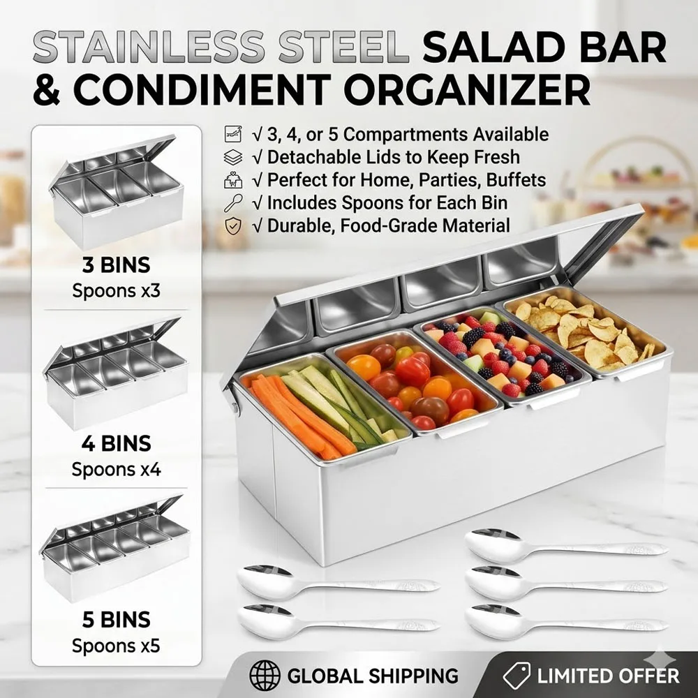3/4/5 Grid Stainless Steel Garnish Dispenser Tray Condiment Dispenser with Lid Compartmental Bar Garnish Station for Kitchen
3/4/5 Grid Stainless Steel Garnish Dispenser Tray Condiment Dispenser with Lid Compartmental Bar Garnish Station for Kitchen
