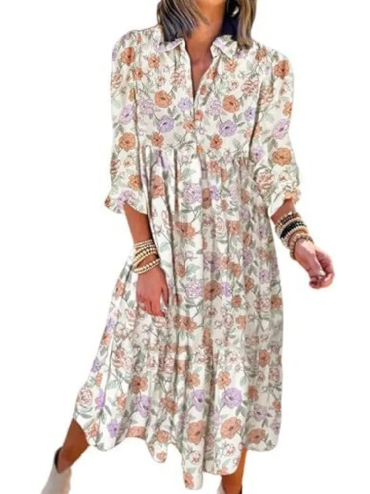 Dress Spring Summer 2024 Woman New Flower Print V-Neck Long Sleeve Turn-down Collar Elegant Casual Loose Vintage Female Vestidos
Dress Spring Summer 2024 Woman New Flower Print V-Neck Long Sleeve Turn-down Collar Elegant Casual Loose Vintage Female Vestidos
