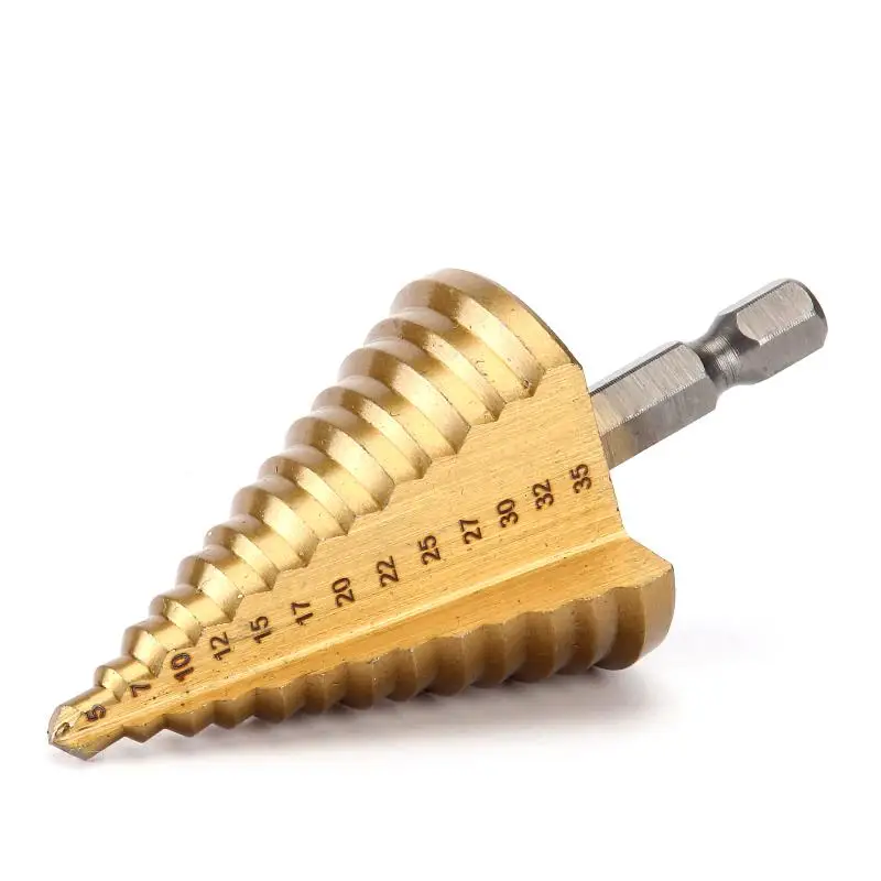 Gold Titanium Pagoda Step Drill Bit 5-35mm Hex Straight Groove Hole Expander Wood Plastic Aluminum Drilling Tool
Gold Titanium Pagoda Step Drill Bit 5-35mm Hex Straight Groove Hole Expander Wood Plastic Aluminum Drilling Tool