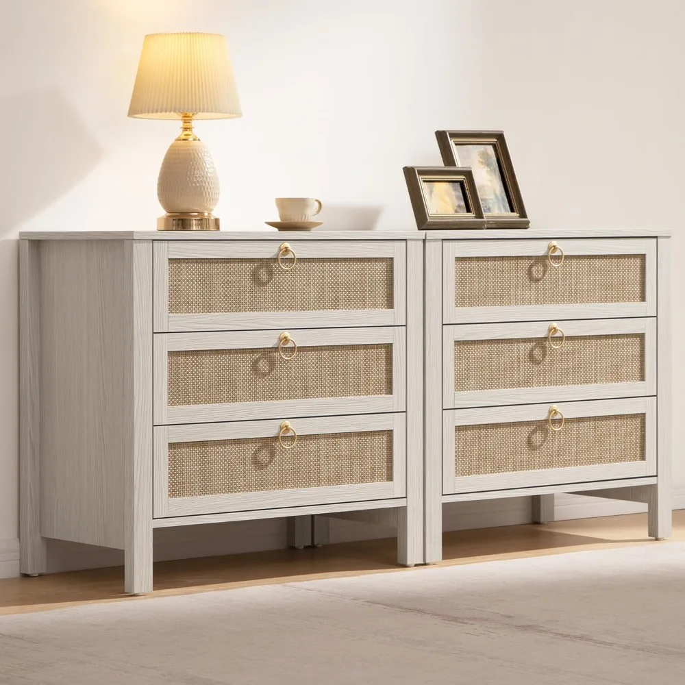 White Nightstand Set 2 with Drawers - Large Rattan Bedside Table with Golden Handle, 3 Drawers Night Stand 26.78" Wide Boho Nig
White Nightstand Set 2 with Drawers - Large Rattan Bedside Table with Golden Handle, 3 Drawers Night Stand 26.78" Wide Boho Nig