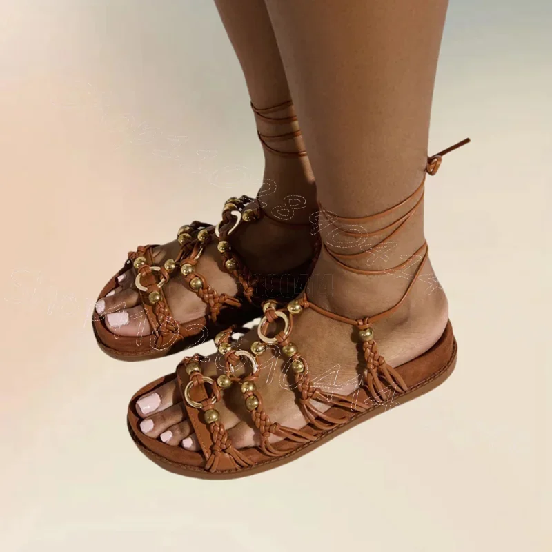 Metal Circle Beads Brown Knitted Design Twine Sandals Lace Up Women Shoes Low Top Party Banquet Dating 2025 Zapatos Para Mujere
Metal Circle Beads Brown Knitted Design Twine Sandals Lace Up Women Shoes Low Top Party Banquet Dating 2025 Zapatos Para Mujere