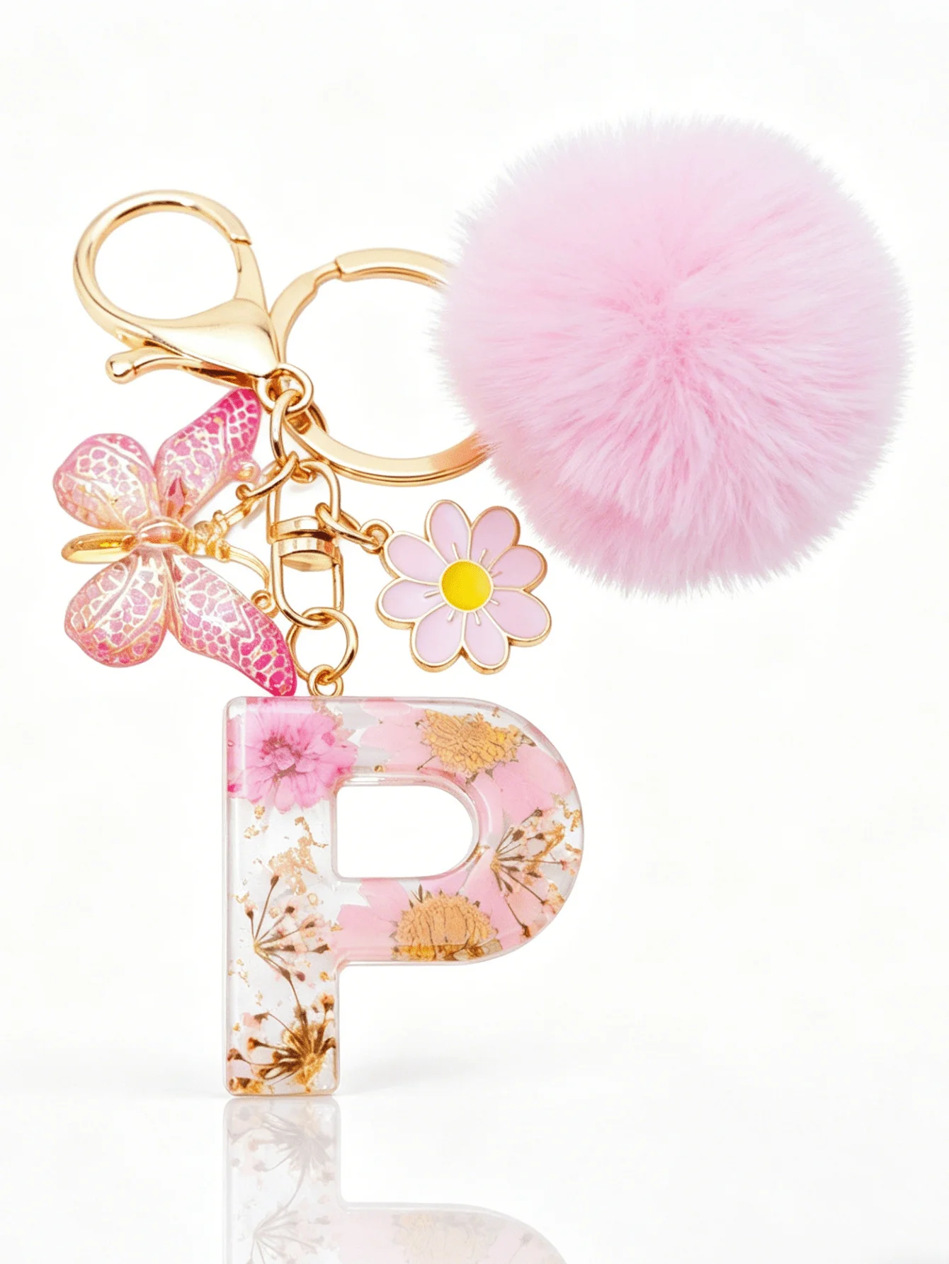 Dried Flower Resin Letter P Keychain With Butterfly Charm And Pink Plush Ball For Women
Dried Flower Resin Letter P Keychain With Butterfly Charm And Pink Plush Ball For Women