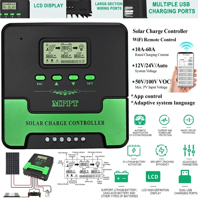 MPPT контроллер заряда солнечной батареи 12 В/24 В 10-60 А Wi-Fi пульт дистанционного управления солнечной панели регулятор ЖК-дисплей USB для свинцово-кислотной литиевой батареи Lifepo4
MPPT контроллер заряда солнечной батареи 12 В/24 В 10-60 А Wi-Fi пульт дистанционного управления солнечной панели регулятор ЖК-дисплей USB для свинцово-кислотной литиевой батареи Lifepo4