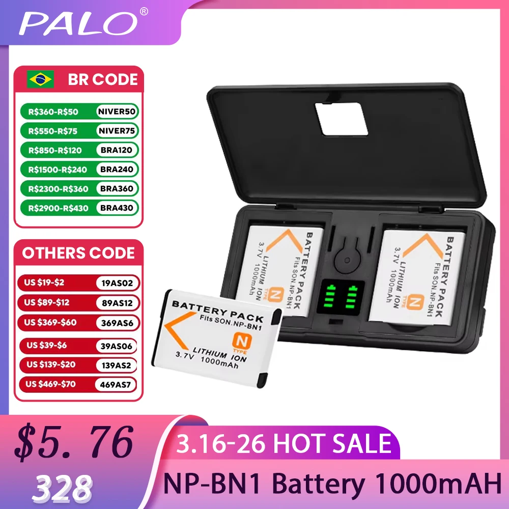 PALO NP-BN1 NP BN1 Battery 1000mAH np bn1 Camera Batteries With LCD Charger Case For Sony Cyber-shot DSC-QX10 TX100 TX300 W730
PALO NP-BN1 NP BN1 Battery 1000mAH np bn1 Camera Batteries With LCD Charger Case For Sony Cyber-shot DSC-QX10 TX100 TX300 W730