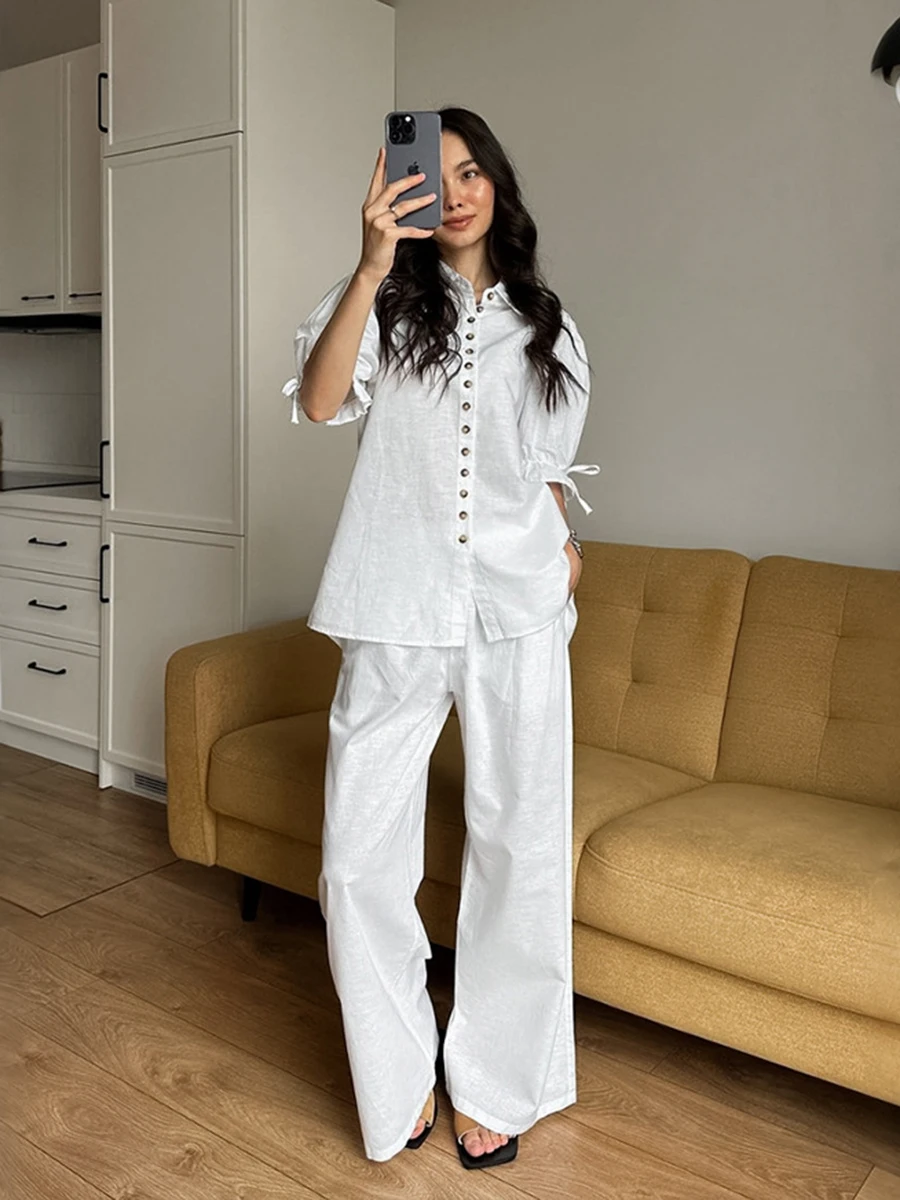 White Cotton Casual 2 Piece Set Women Turndown Collar Drawstring Puff Sleeve Blouse Summer Simple Fashion High Waist Pants Sets
White Cotton Casual 2 Piece Set Women Turndown Collar Drawstring Puff Sleeve Blouse Summer Simple Fashion High Waist Pants Sets