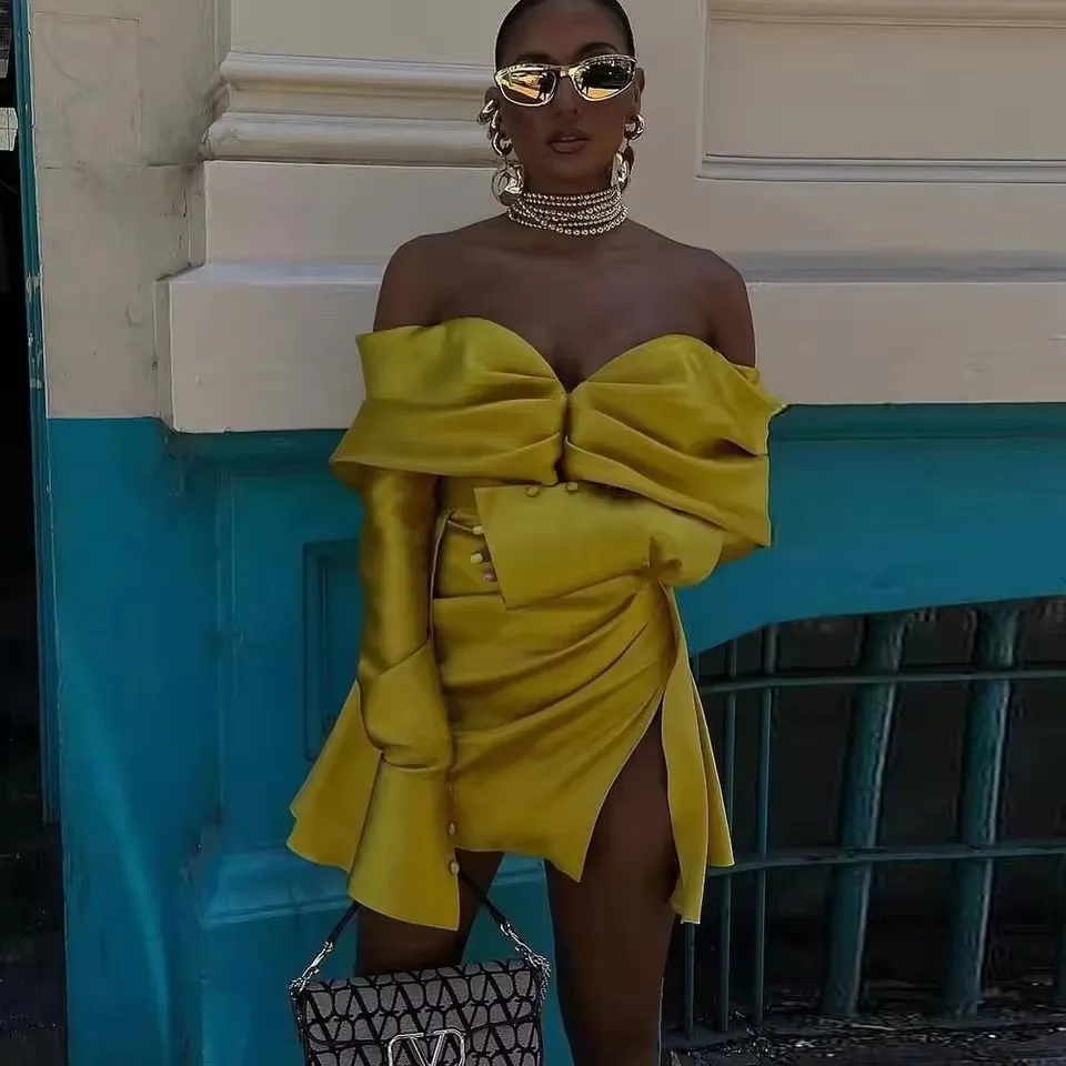 2025 Flare Sleeves Split A-line Short Women Maxi Dresses To Party Fashion Mini Dress Couture Sexy Gold Women Blazer Dresses
2025 Flare Sleeves Split A-line Short Women Maxi Dresses To Party Fashion Mini Dress Couture Sexy Gold Women Blazer Dresses