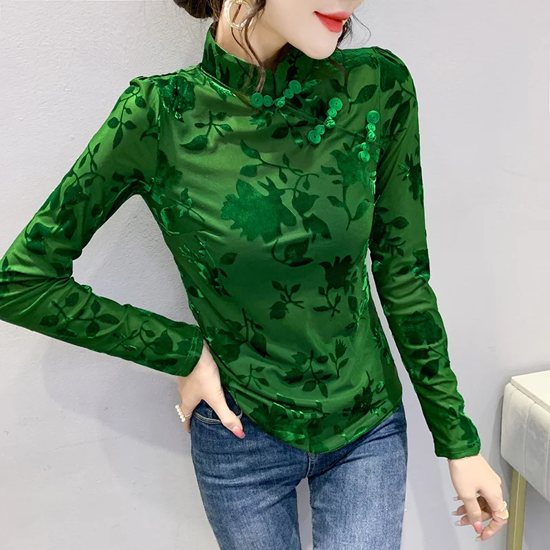 #7971 Chinese Style Vintage Mesh T Shirt Women Stand Collar Sexy Thin Long Sleeve T Shirt Female Elastic Printed Women's T-shirt
#7971 Chinese Style Vintage Mesh T Shirt Women Stand Collar Sexy Thin Long Sleeve T Shirt Female Elastic Printed Women's T-shirt