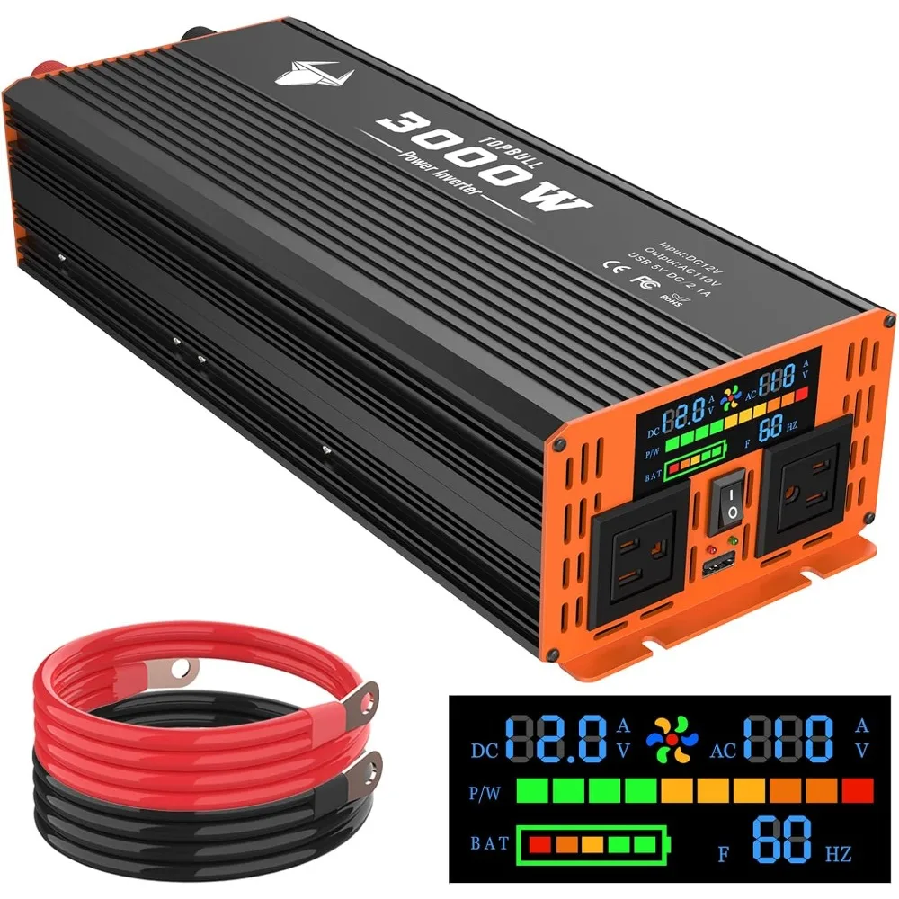 3000 Watt Power Inverter, Car/Home 12V DC to 110V AC Converter, with LED Display, Dual AC Outlets, USB Port, Dual Smart Fans
3000 Watt Power Inverter, Car/Home 12V DC to 110V AC Converter, with LED Display, Dual AC Outlets, USB Port, Dual Smart Fans