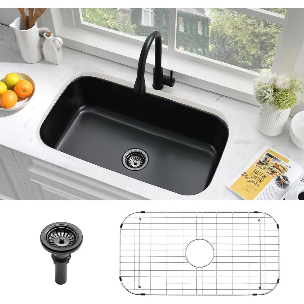 31 Single Bowl 16G Black Stainless Steel Undermount Kitchen Sink with Dish Rack
31 Single Bowl 16G Black Stainless Steel Undermount Kitchen Sink with Dish Rack