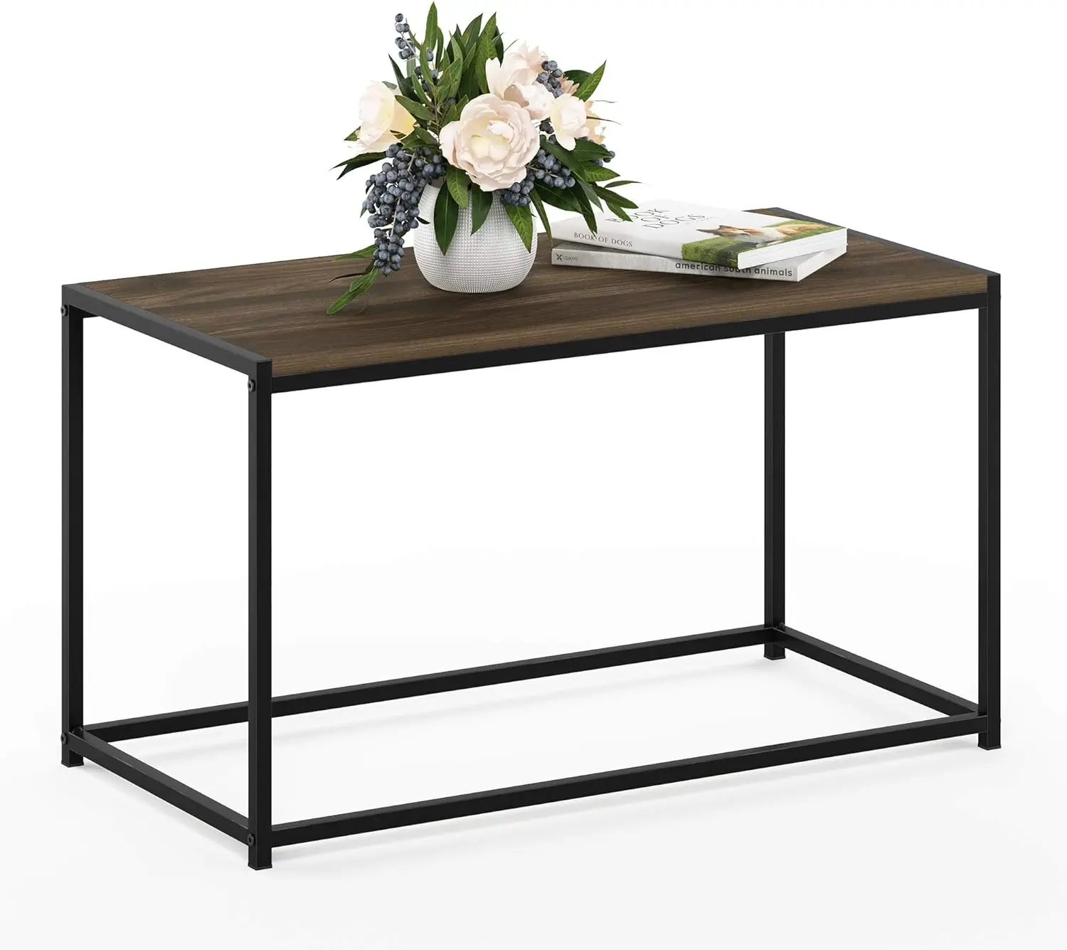 Modern Rectangular Coffee Table with Metal Frame, Walnut Finish, Space-Saving Design for Living Room
