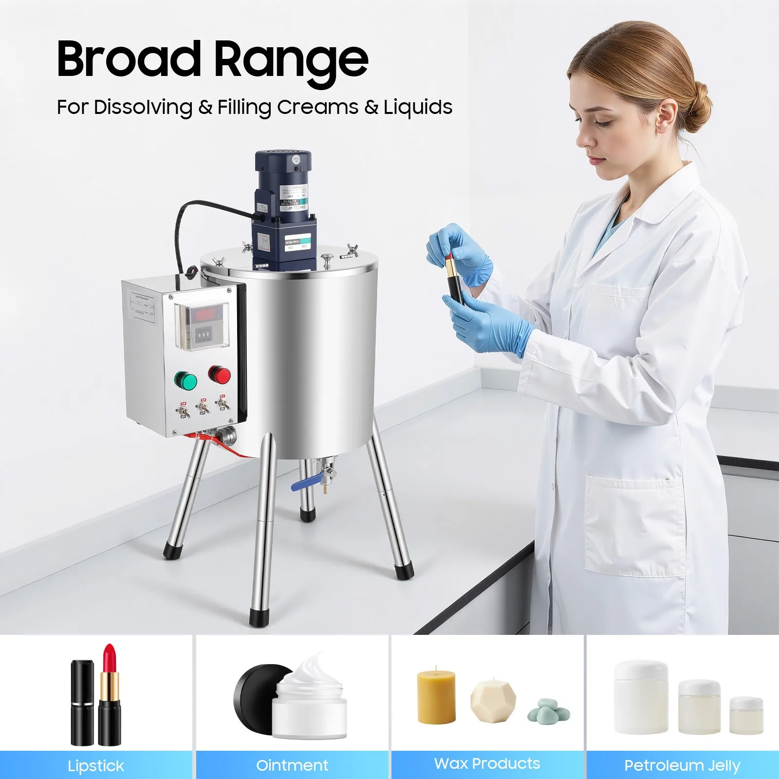 120W 110V Stainless Steel Heating Mixing Filling Machine, Tirring Tank Lipstick Liquid Paste Filler Lipstick Candle Heat Filler W/Stirrer (15L/4gal)
120W 110V Stainless Steel Heating Mixing Filling Machine, Tirring Tank Lipstick Liquid Paste Filler Lipstick Candle Heat Filler W/Stirrer (15L/4gal)