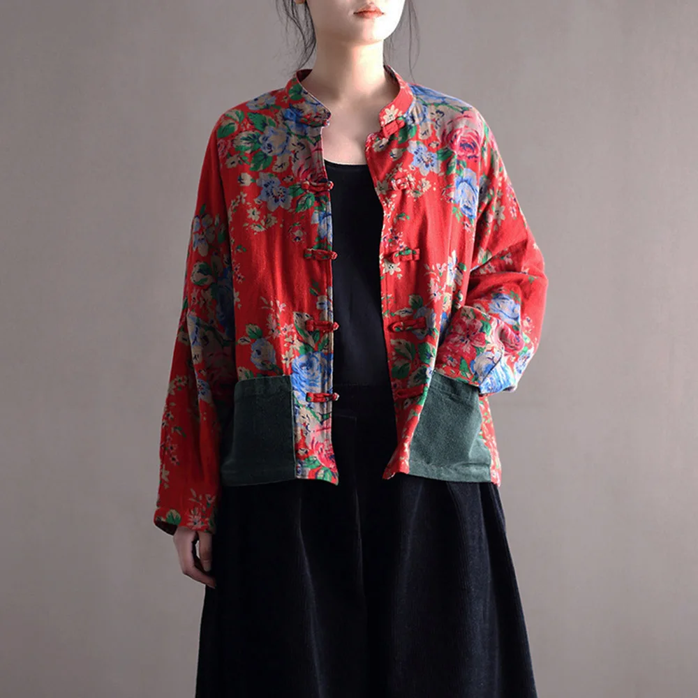 Women's Casual Vintage Cotton Yarn Floral Print Jacket Shirt Long Sleeve Loose Chinese style Frog Button Short Coat With Pockets
Women's Casual Vintage Cotton Yarn Floral Print Jacket Shirt Long Sleeve Loose Chinese style Frog Button Short Coat With Pockets