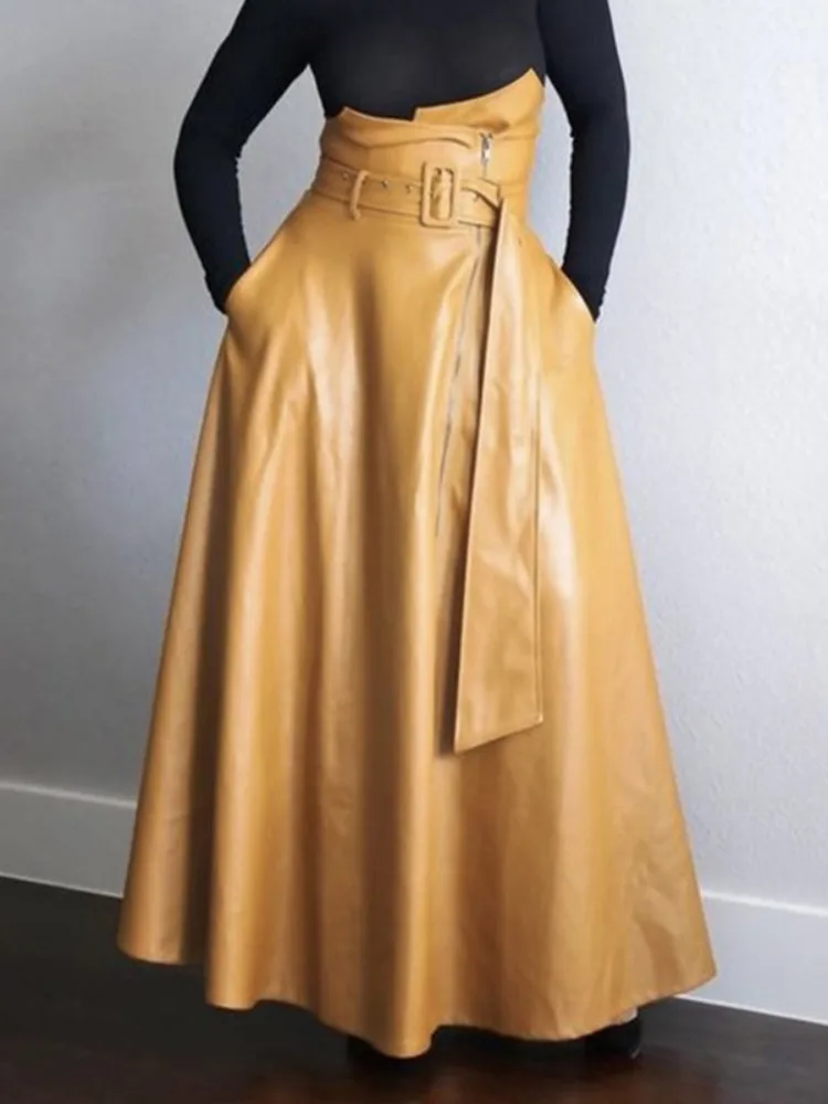 Size S Trendy PU Leather Maxi Skirt for Women Elegant Loose High Waisted A-line Pockets with Belted Casual Ladies Zipper Skirts
Size S Trendy PU Leather Maxi Skirt for Women Elegant Loose High Waisted A-line Pockets with Belted Casual Ladies Zipper Skirts