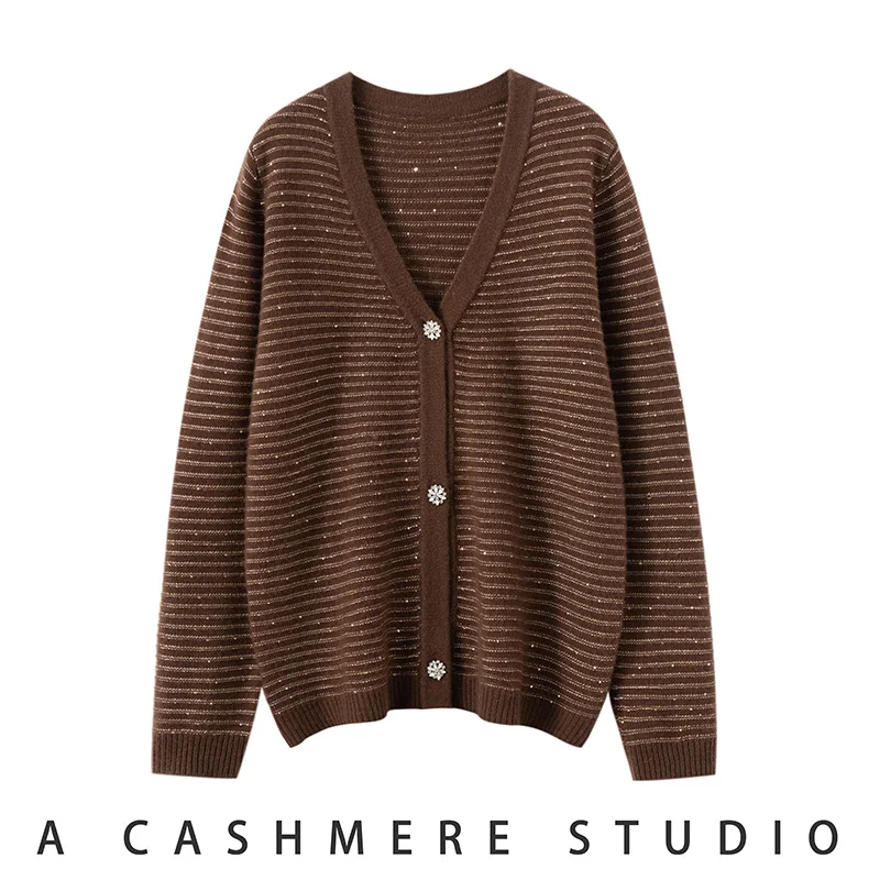 Autumn Winter Women's 100% Cashmere V-neck Simple Elegant Casual Warm Metallic Thread Sequin Cardigan Sweater Knitwear Clothing
Autumn Winter Women's 100% Cashmere V-neck Simple Elegant Casual Warm Metallic Thread Sequin Cardigan Sweater Knitwear Clothing