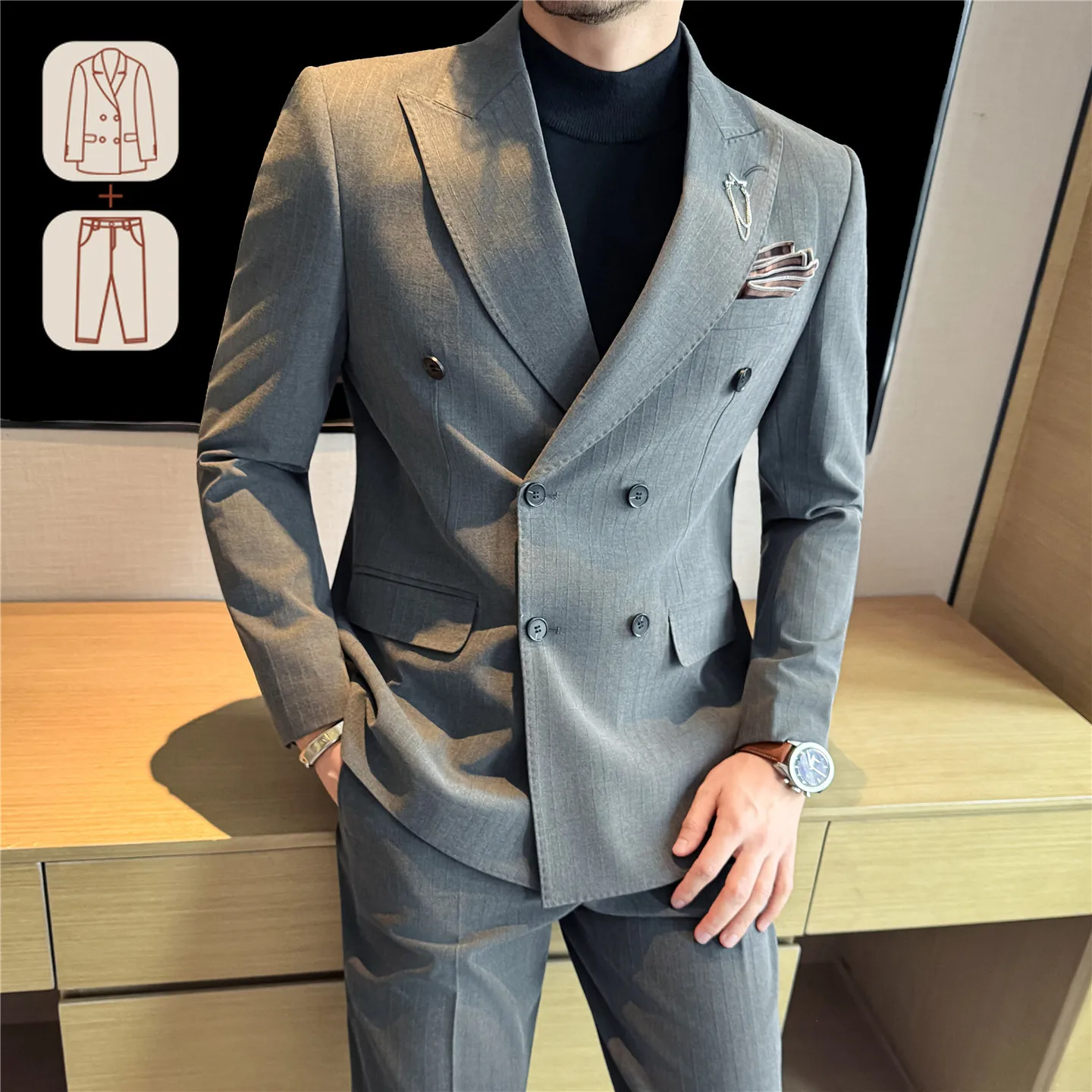 Men's Two-Piece Suit Set ( Jacket + Pants ), Dark Stripe Notched Lapel Double-Breasted, Wedding Business Formal Bridegroom
Men's Two-Piece Suit Set ( Jacket + Pants ), Dark Stripe Notched Lapel Double-Breasted, Wedding Business Formal Bridegroom