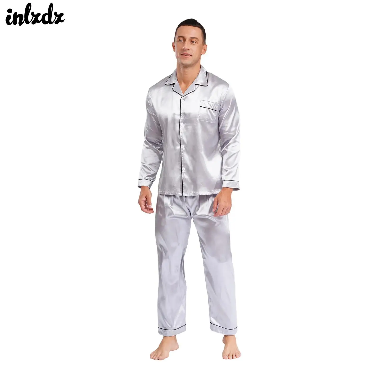 Mens Two Pieces Pijama Sleepwear Long Sleeves Satin Pajamas Set V Neck Turn-over Collar Sleep Tops And Pants Nightwear Home Wear
Mens Two Pieces Pijama Sleepwear Long Sleeves Satin Pajamas Set V Neck Turn-over Collar Sleep Tops And Pants Nightwear Home Wear