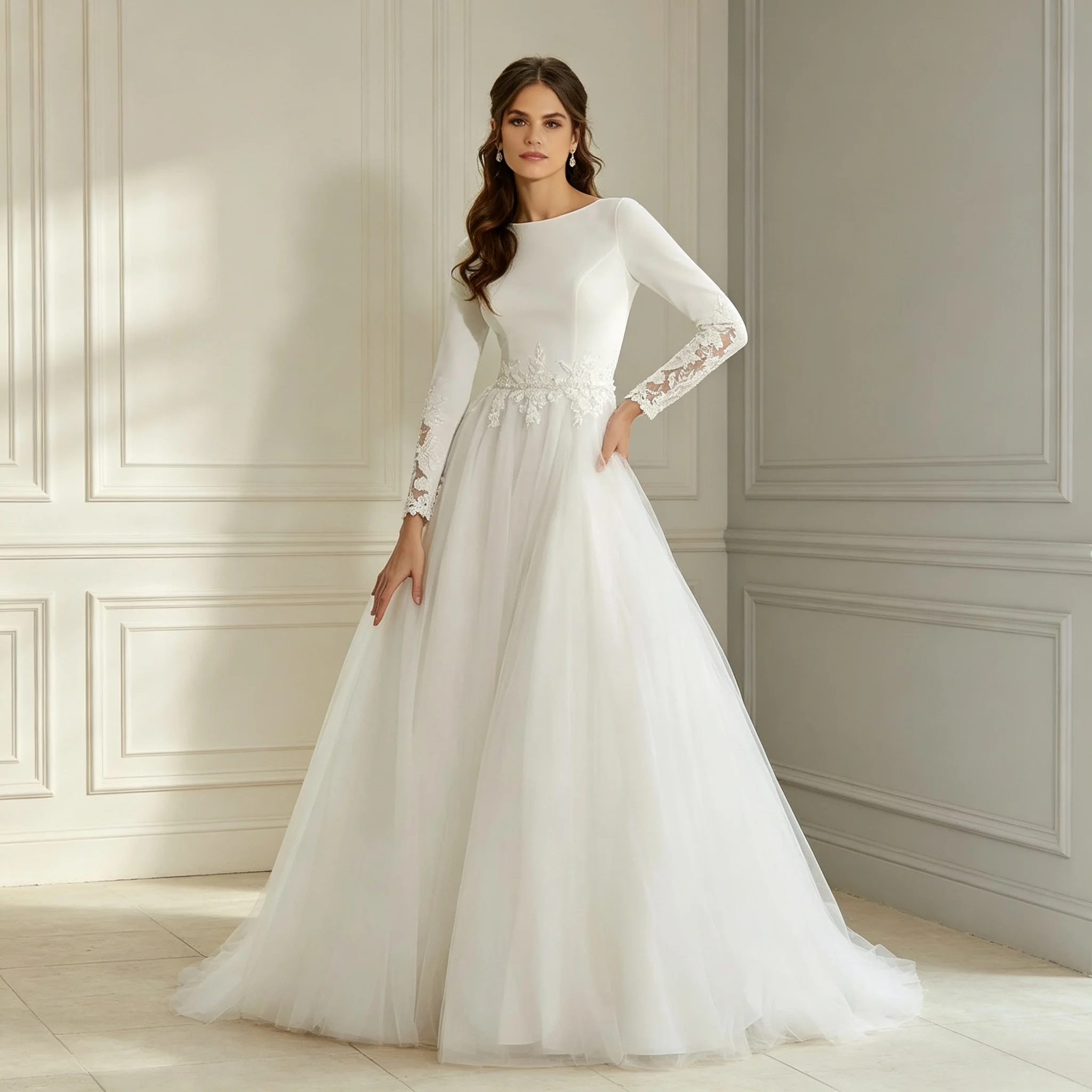 Boat Neck Long Lace Sleeve A Line Wedding Dress Matte Satin Bodice Floral Lace Waist Tulle Chapel Train Bridal Gown Customizable
Boat Neck Long Lace Sleeve A Line Wedding Dress Matte Satin Bodice Floral Lace Waist Tulle Chapel Train Bridal Gown Customizable