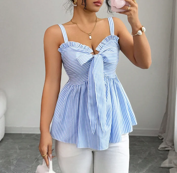 Women's Tank Top Summer New Elegant Sweet Style Stripe Printed Ruffle Splicing Butterfly Bow Stickers Sleeveless Strap Tank Top
Women's Tank Top Summer New Elegant Sweet Style Stripe Printed Ruffle Splicing Butterfly Bow Stickers Sleeveless Strap Tank Top