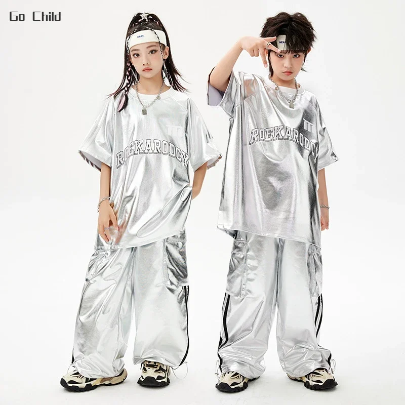 Boys Hip Hop Silver T-shirt Street Dance K-pop Cargo Pants Girls PU Leather Clothes Set Child Shiny Streetwear Kids Jazz Costume
Boys Hip Hop Silver T-shirt Street Dance K-pop Cargo Pants Girls PU Leather Clothes Set Child Shiny Streetwear Kids Jazz Costume