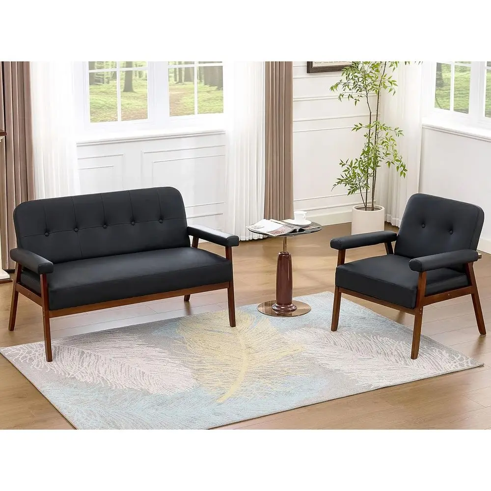 Mid-Century Modern Leather Love Seat and Accent Chairs Set, 2-Piece Living Room Furniture with Wooden Arms
Mid-Century Modern Leather Love Seat and Accent Chairs Set, 2-Piece Living Room Furniture with Wooden Arms