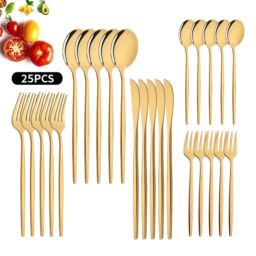 25Pcs Dinnerware Set Mirror Gold Cutlery Set Stainless Steel Flatware Cake Fruit Fork Kitchen Knife Fork Spoon Tableware Set
25Pcs Dinnerware Set Mirror Gold Cutlery Set Stainless Steel Flatware Cake Fruit Fork Kitchen Knife Fork Spoon Tableware Set