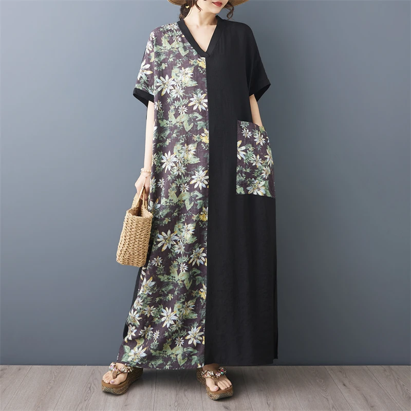 Summer New plus Size Long Cotton Linen V-Neck Short Sleeve Color Block Black Dress Slimming Effect City Walk Artistic Style
Summer New plus Size Long Cotton Linen V-Neck Short Sleeve Color Block Black Dress Slimming Effect City Walk Artistic Style