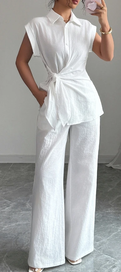 Two Piece Set Women Outfit 2025 Summer New Solid Color Turn-Down Collar Short Sleeved Lace Up Top & High Waist Casual Pants Set
Two Piece Set Women Outfit 2025 Summer New Solid Color Turn-Down Collar Short Sleeved Lace Up Top & High Waist Casual Pants Set