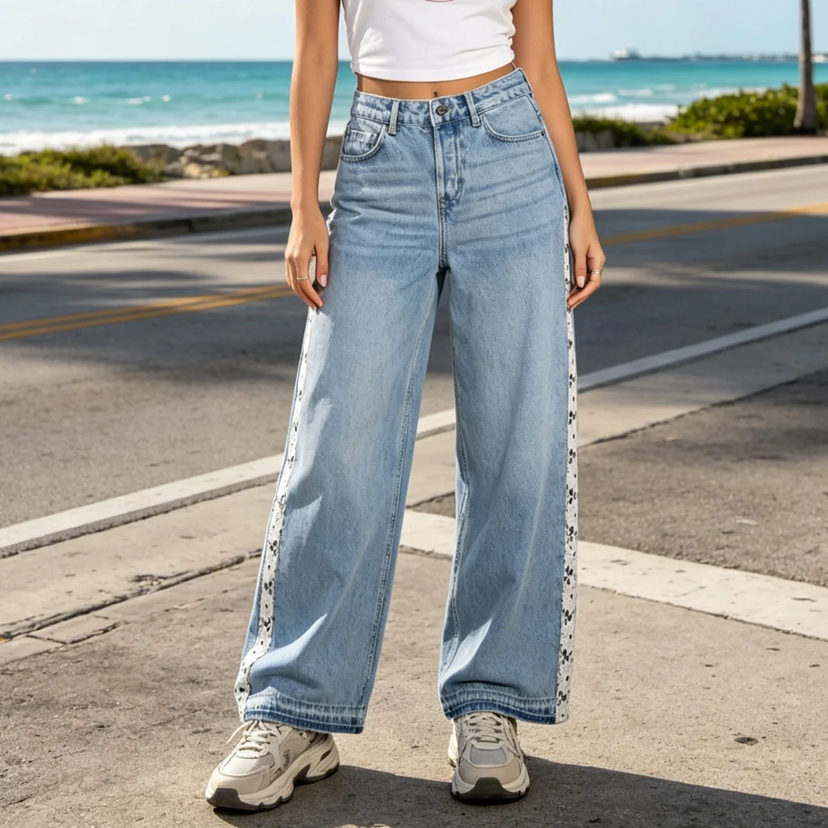 Straight Jeans Women Luxury Side Striped Denim Pants Lace Patchwork Crochet Stitching Wide Leg Trousers Streetwear Fashion 2026
Straight Jeans Women Luxury Side Striped Denim Pants Lace Patchwork Crochet Stitching Wide Leg Trousers Streetwear Fashion 2026